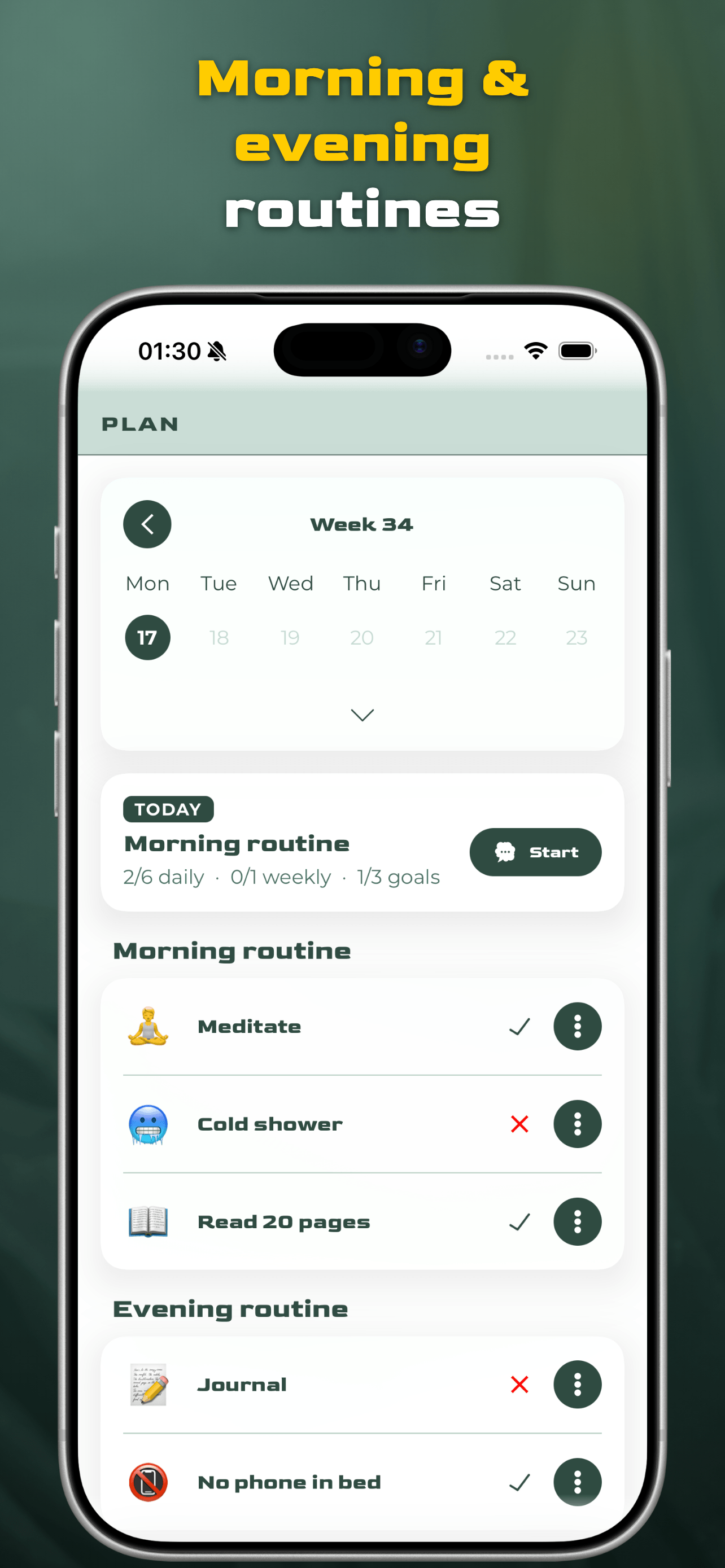 Virtus Habit plan: schedule habits by time of day across morning and evening routines